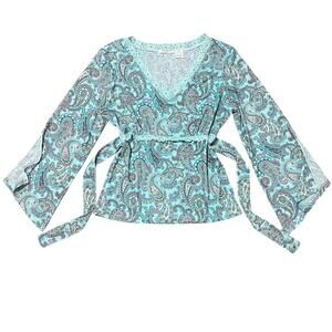 VTG Y2K Red Paint Tee Aqua Blue Paisley Pattern Lace Trim Bell Sleeve Fairy Top